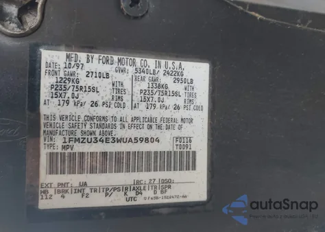 1998 Ford Explorer Eddie Bauer/Limited/Xl/Xlt из США, поврежденный, VIN 1FMZU34E3WUA59804